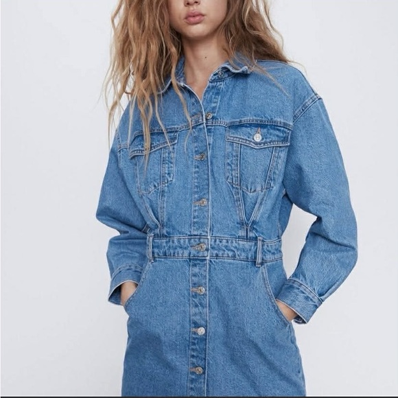 Zara Blue Denim Button-Front Mini Dress Jacket - Picture 5 of 8